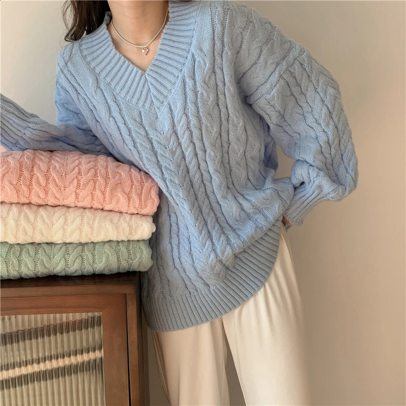 Solid Sweater Women Korean Fashion V Neck Knitted Pullovers Pink Long Sleeve Knitwear Winter Streetwear Casual Jumpers Tops 240824