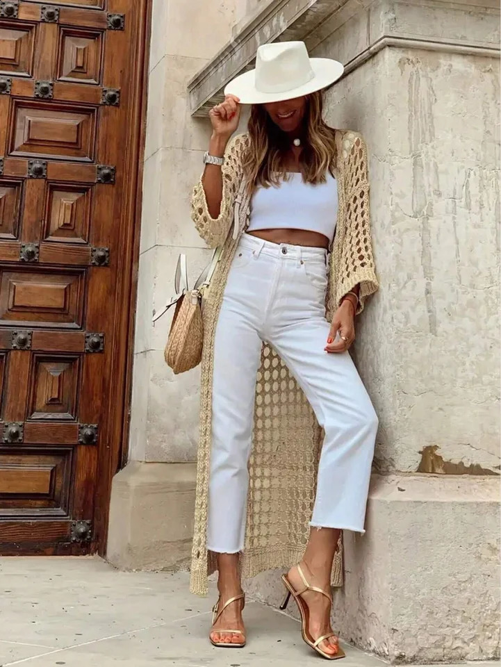 Long Knit Cardigan Sweater With Hollow Out And Open Front 240813