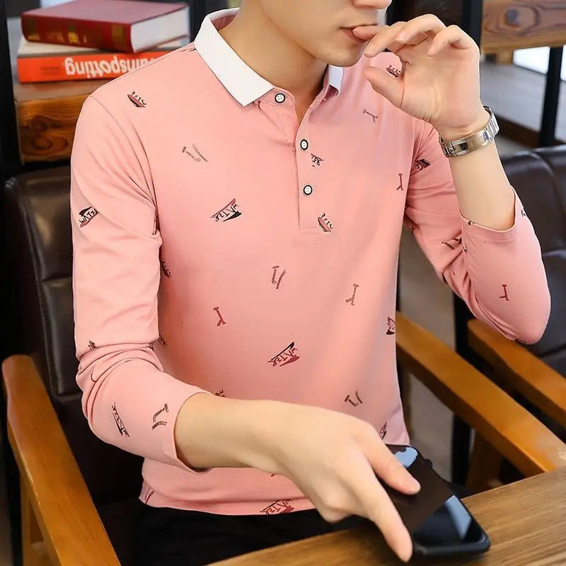 Fashion Button Printed Loose Korean Polo Shirts Mens Clothing Autumn Casual Pullovers Long Sleeve All-match Tee Shirt 240824