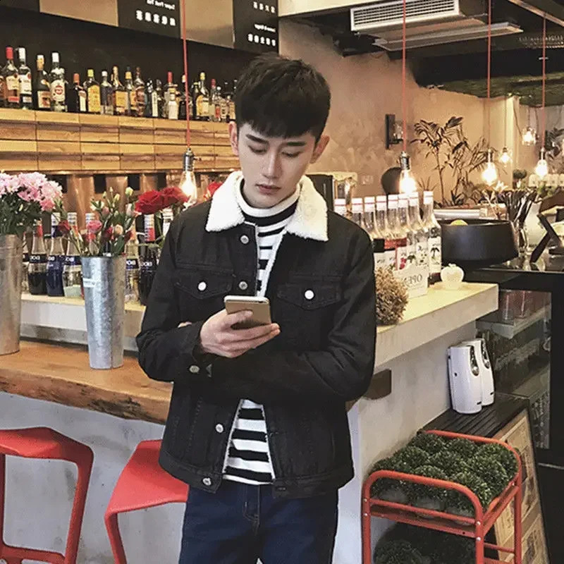Mens denim jacket warm button wool mens apron black wash largesized clown lowpriced fashion 240824