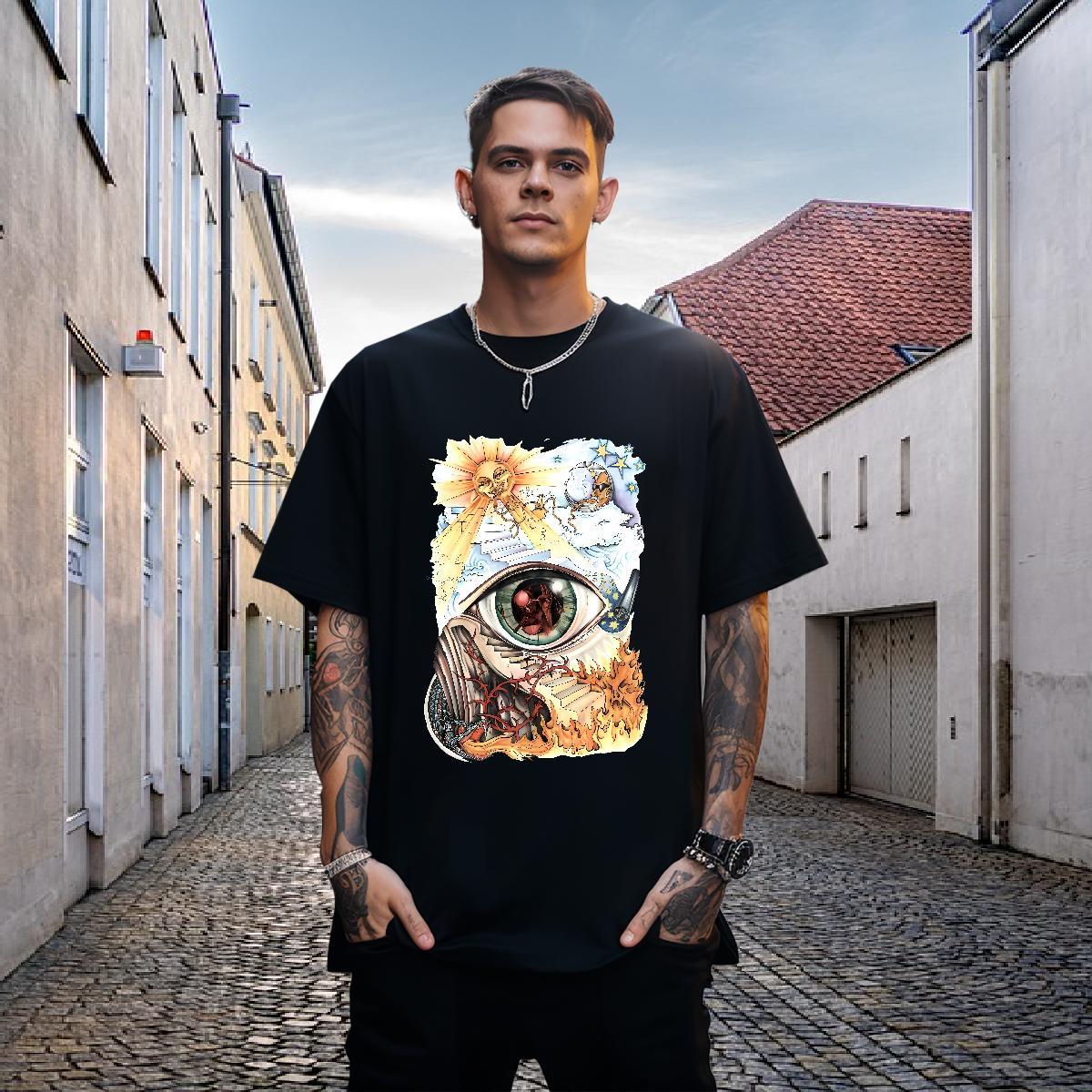 Classic T Shirt For Man 230g Pure Cotton eye of the devil Spring Summer Oversized 4XL O-Neck Short Sleeve Tshirt for Man Woman Wholesale Tops