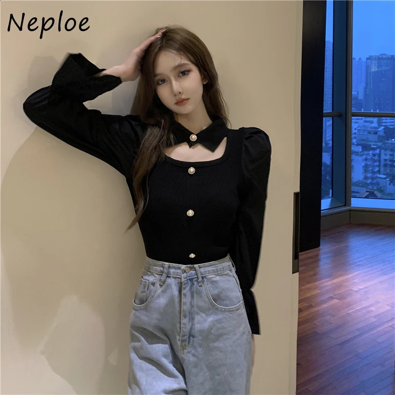Turn Down Collar Spliced Shirt Woman Puff Long-sleeved Knit Tops Mujer Autumn Temperament Sweater Pullover Women 240824