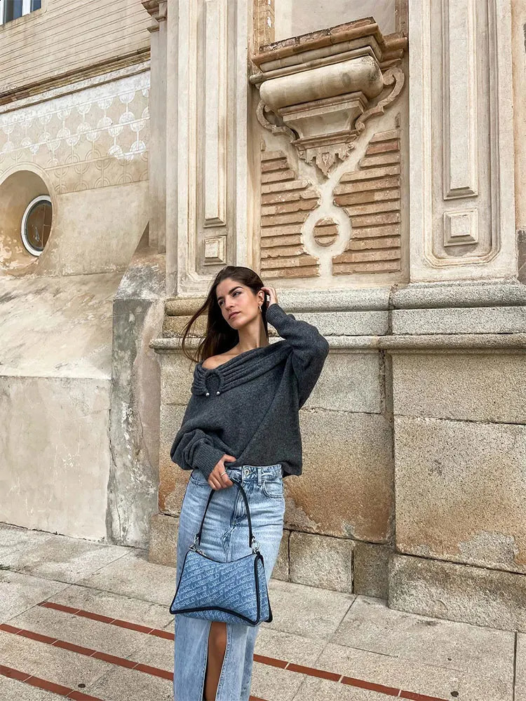 Elegant Slash Neck Off Shoulder Women Knitt Sweater Fashion Simple Long Sleeve Pullovers Autumn Winter Streetwear Lady Sweater 240824