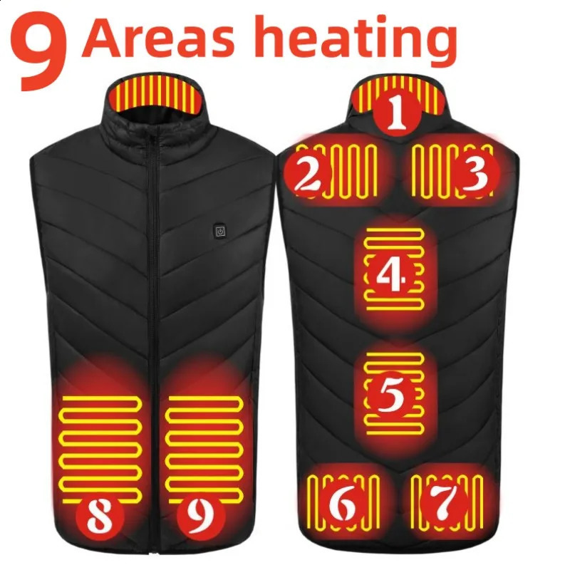 9 Places Heated Vest Men Women Usb Heated Jacket Heating Thermal Clothing Hunting Winter Fashion Heat Jacket Black 240824