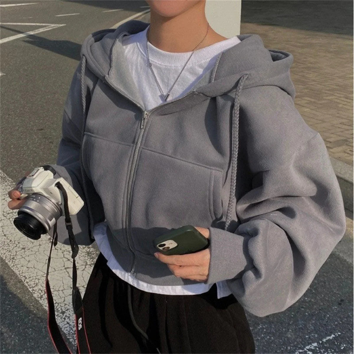 Retro Casual Basic Hoodies Women Solid Pockets Long Sleeve Hoodie Zip Up Autumn Fashion Sweatshirts Oversized Chic Streetwear 240824