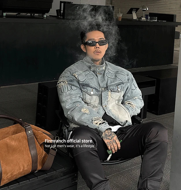 Firmranche test Armor Motorcycle Denim Jacket Mens Loose Strong Turtles Shell Tear Coat Spring Autumn 240824