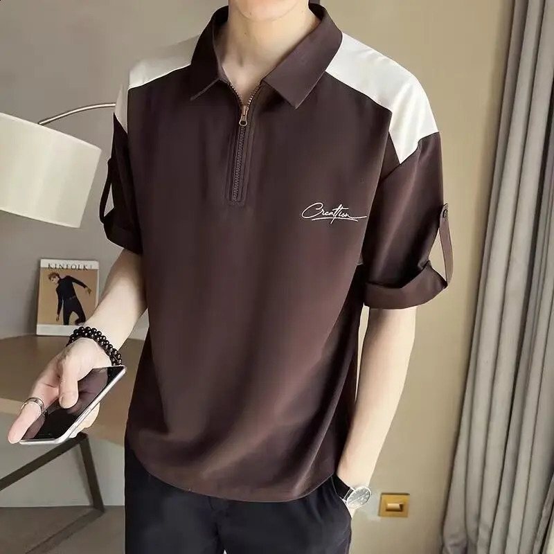 friend Summer Spliced Polo Shirts Zipper Fashion Solid Color Loose Comfortable All-match Casual Short Sleeved Tops 240824
