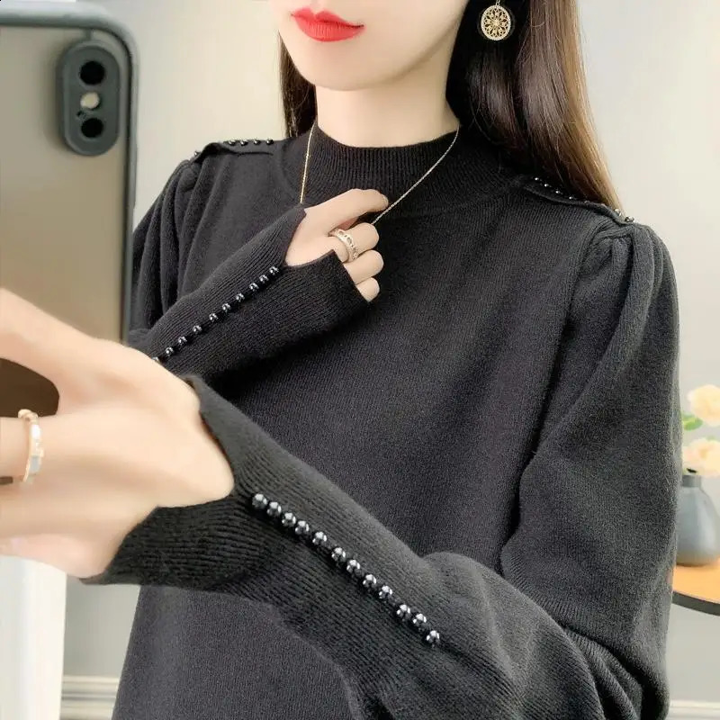 Half-turtleneck Beaded Sweater Womens Base Layer Autumn and Winter Pullover Puff Sleeve Knit Top 240824