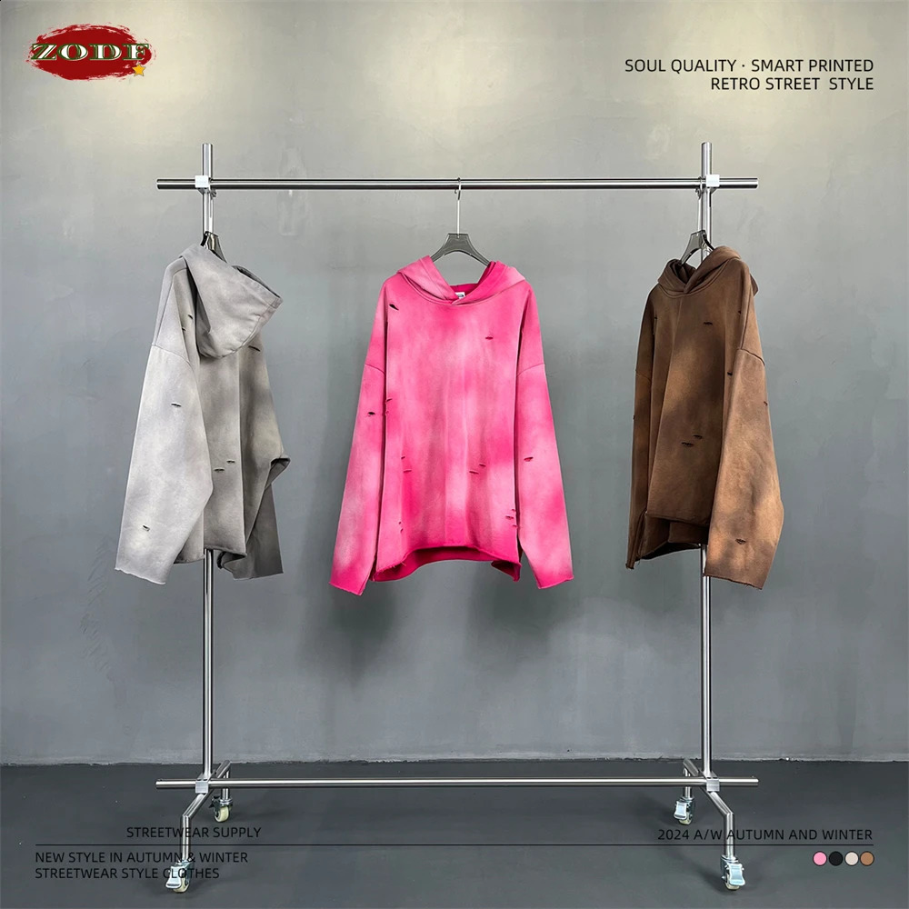 ZODF Autumn Winter Men Monkey Washed Hoodies Unisex Disstressed Ripped Heavyweight Knitted 450gsm Hooded Pullovers HY0909 240810