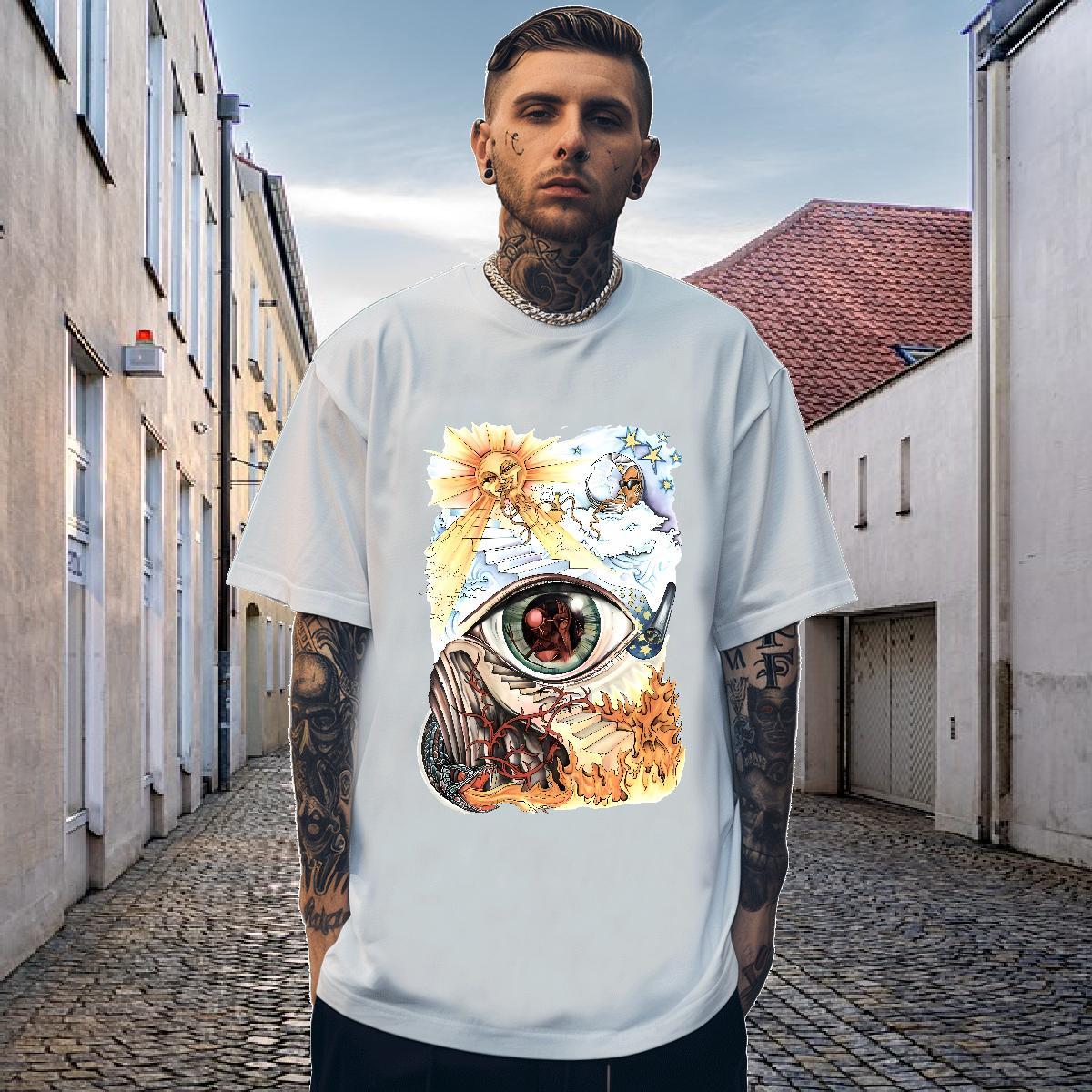 Classic T Shirt For Man 230g Pure Cotton eye of the devil Spring Summer Oversized 4XL O-Neck Short Sleeve Tshirt for Man Woman Wholesale Tops