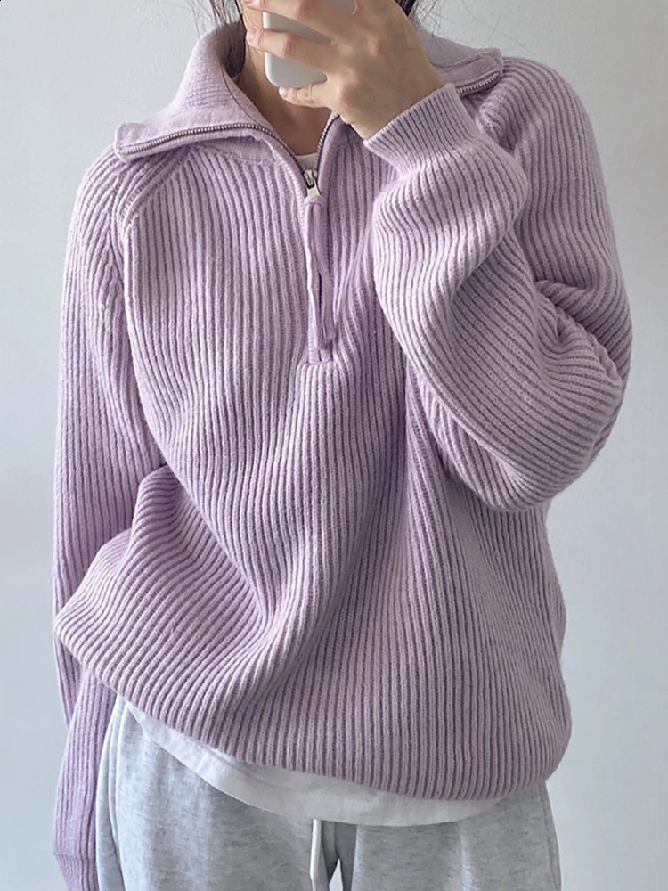 Korean Womens Sweater Loose Zippers Turtleneck Sweaters Warm Solid Pullover Knitwear Basic Female Tops Autumn Winter 240824