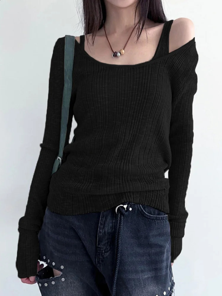 HOUZHOU Y2k Vintage Solid Knitted Pullovers Women Korean Style Elegant Office Siren Long Sleeve Base Slim Sweater Antumn 240824