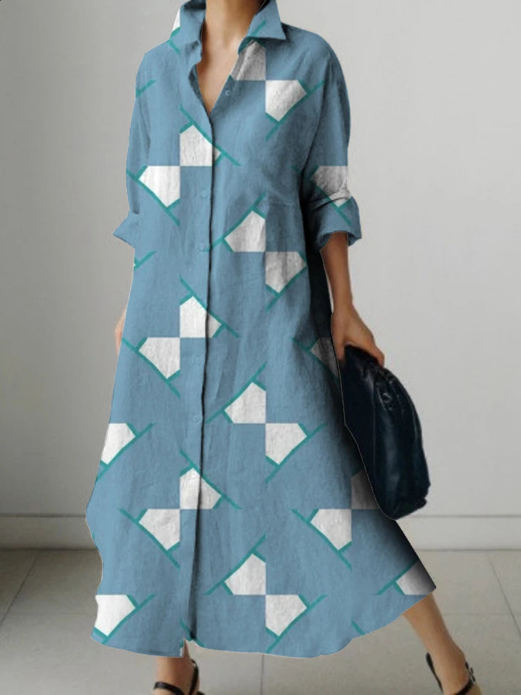 Womens Lapel Shirt Dress Long Sleeves Simple Geometric Print n Loose Dress Breathable Comfortable Spring And Summer 240824