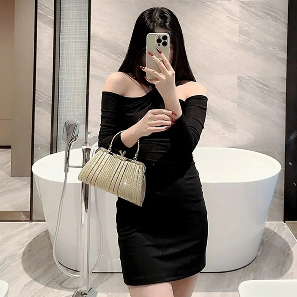 Gold Sequin Evening Bag Women Elegant Fashion Banquet Clutch Chain Shoulder Bags Purse Female Wedding Party Handbags 240824Z