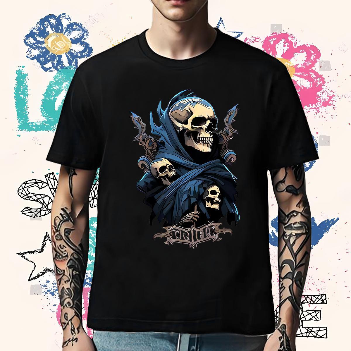 Popular Man T Shirts 230g Cotton skull Outdoor DIY Printed O-Neck Short Sleeve Men Clothes T-Shirt Fashion Tees Shirts