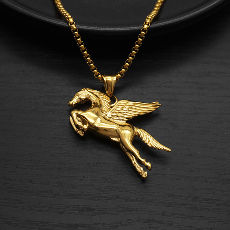 Stainless Steel Pegasus Pendant Necklace 18K Gold Plated No Fade Charm Pegasus Horse Mens Jewelry