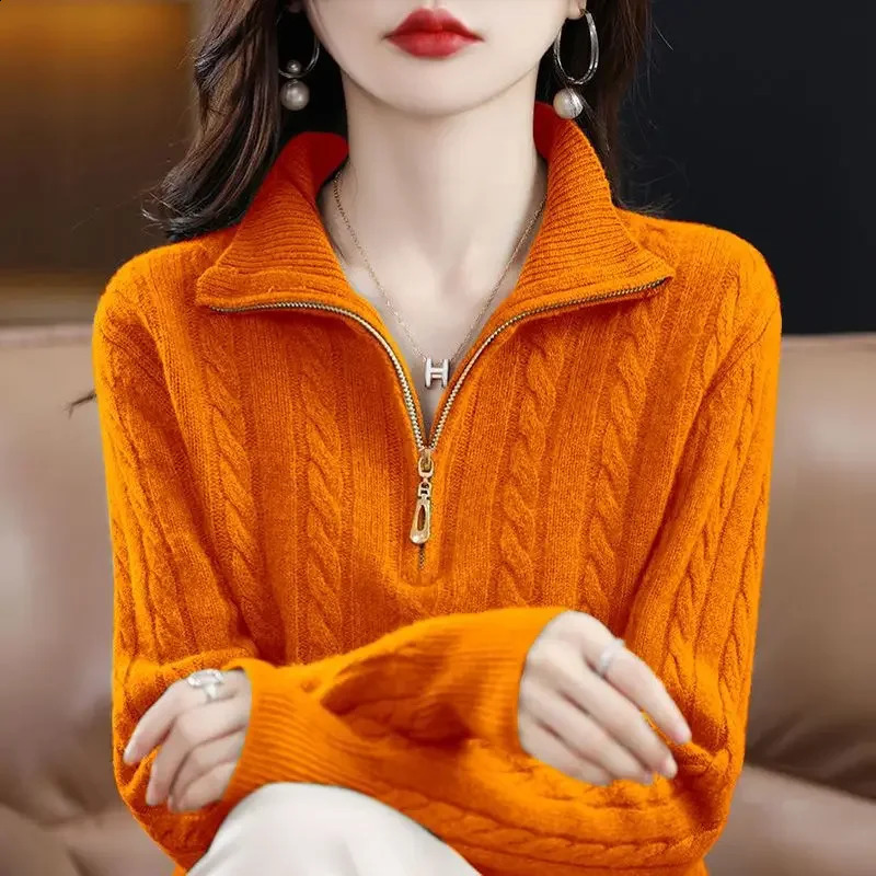 Women Autumn and Winter Half-turtleneck Zipper Sweater Pullover Warm Solid Wavy Lines Loose and Versatile Long Sleeves Top 240824