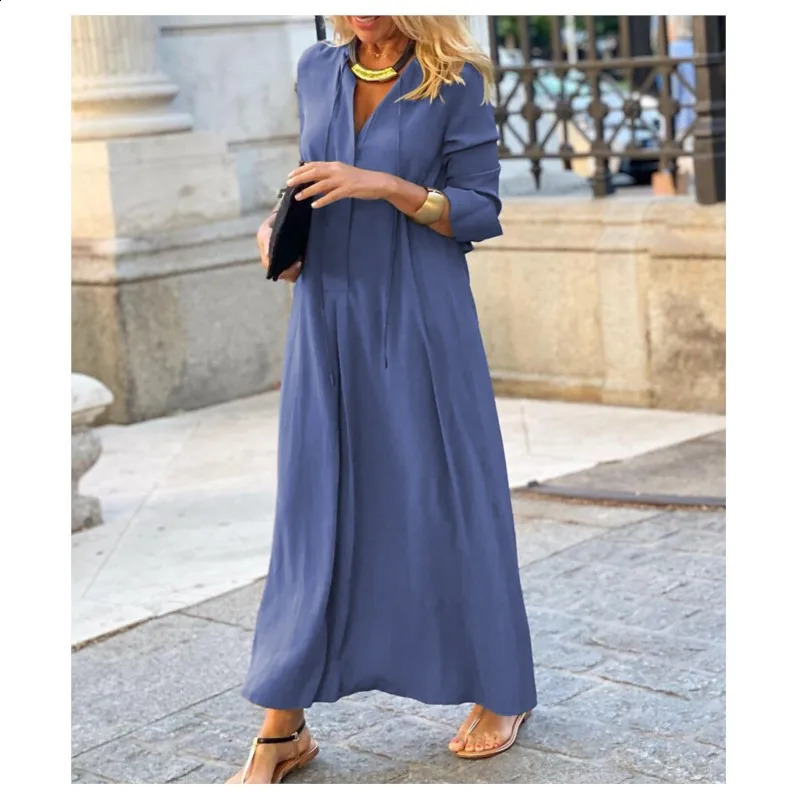 Womens Dress With Solid Color Lapel Long Sleeved Simple Casual Tie V-neck Long Shirt Loose Fitting Womens Dress Y2k 240824