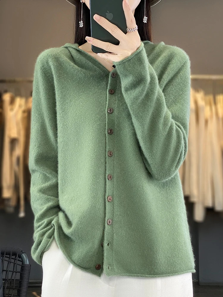 Addonee Spring Autumn Women 100% Merino Wool Hooded Sweater Cashmere Cardigan Hoodies Knittwear Basic Quality Clothing Tops 240824