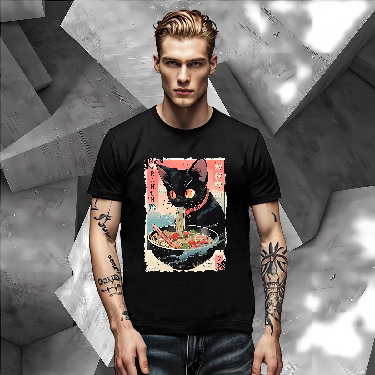 New Arrival Men Tops Tees The cat eats ramen noodles Street Wear 230g Pure Cotton Tee Shirt Short Sleeve Soft Classic T-Shirts White Plus Size