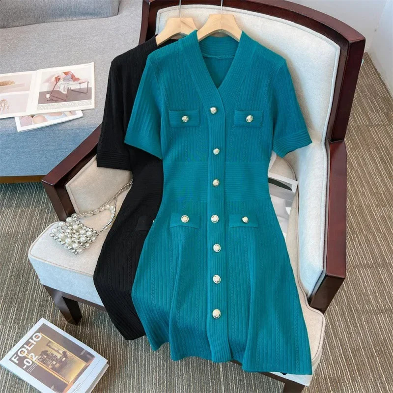 Womens clothing summer Aline tweed style fashionable and elegant casual knitted short sleeved dress 240824