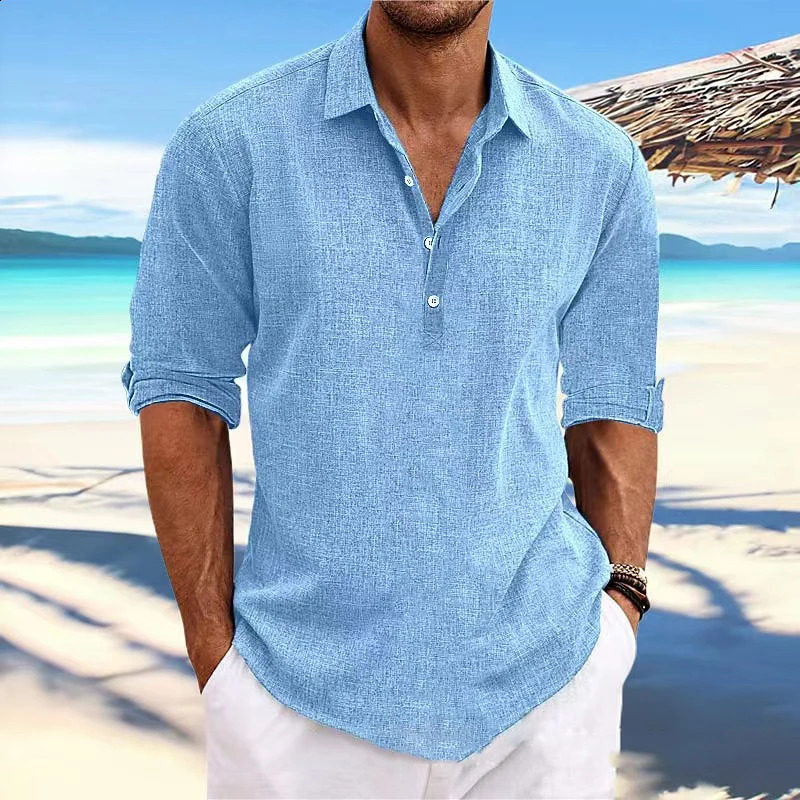 Men Solid Long Sleeve Linen Polo Shirts Spring Summer Casual Turn-down Collar Buttoned Pullover Tops Loose Tees Shirt For Men 240824