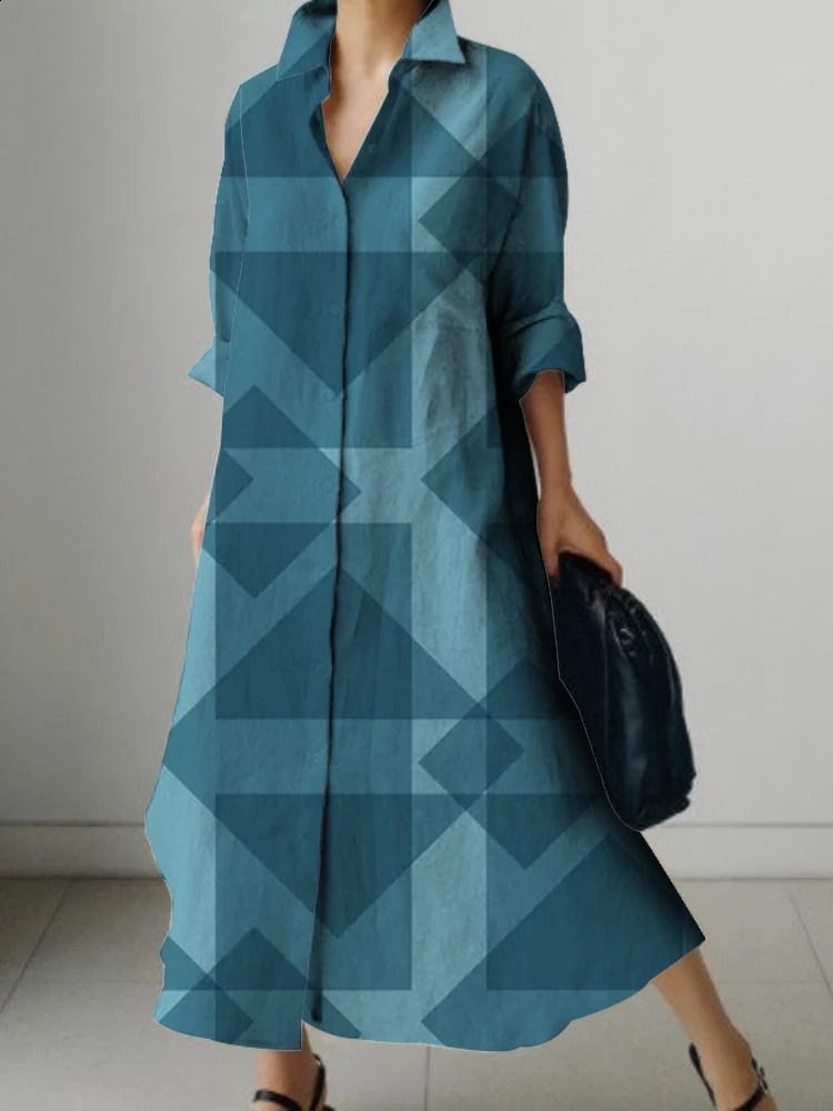 Womens Lapel Shirt Dress Long Sleeves Simple Geometric Print n Loose Dress Breathable Comfortable Spring And Summer 240824