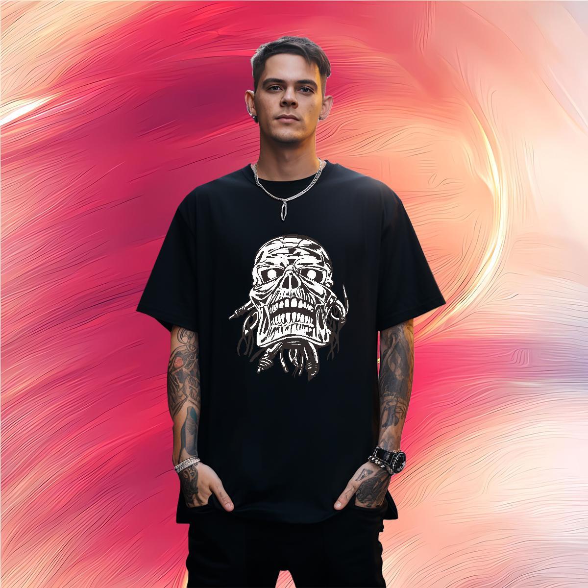Classic Man T Shirts 230g 100% Cotton skull Casual Floral Print Short Sleeve O-Neck Men Tops Tees Custom Top Tees
