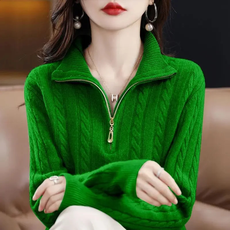 Women Autumn and Winter Half-turtleneck Zipper Sweater Pullover Warm Solid Wavy Lines Loose and Versatile Long Sleeves Top 240824
