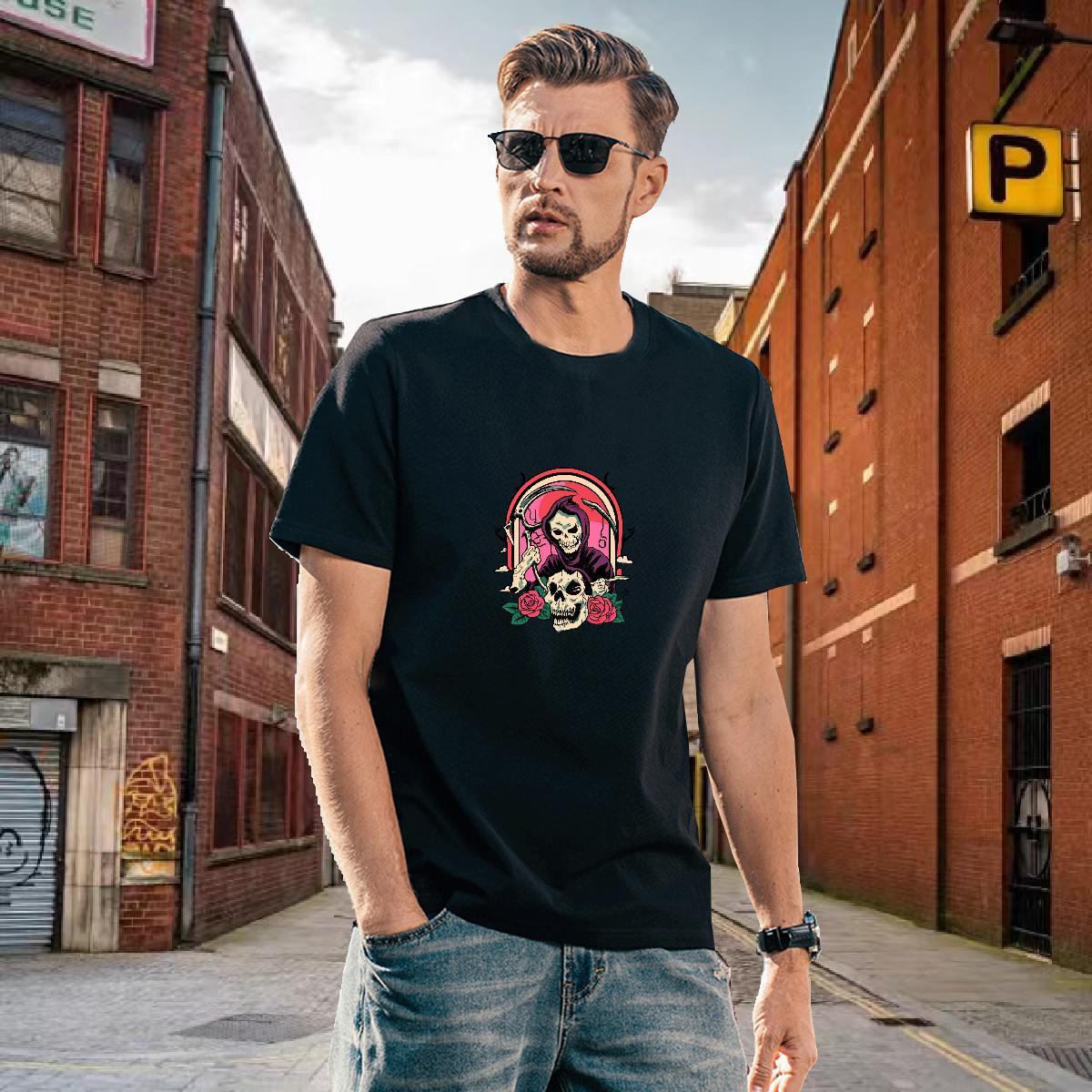 Free Shipping T Shirts Men 230g Pure Cotton skull Street wear Hip Hop Plus Size Cartoon Breathable Soft Men Tees Fashion Tops
