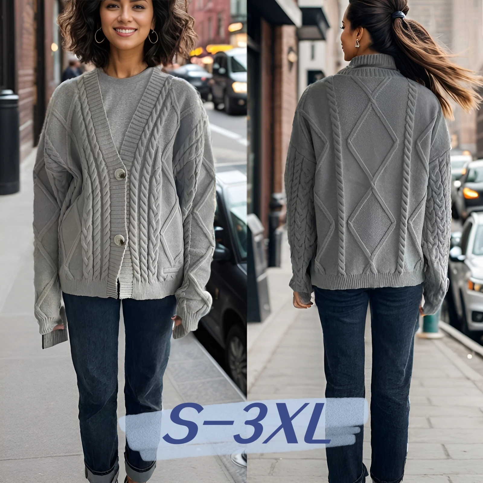 Size S-3XL Fashion Solid Casual Grey Tops Sweater Women Autumn Warm Knitted V-neck Long Sleeve Womens Beige Cardigans Coat 240824