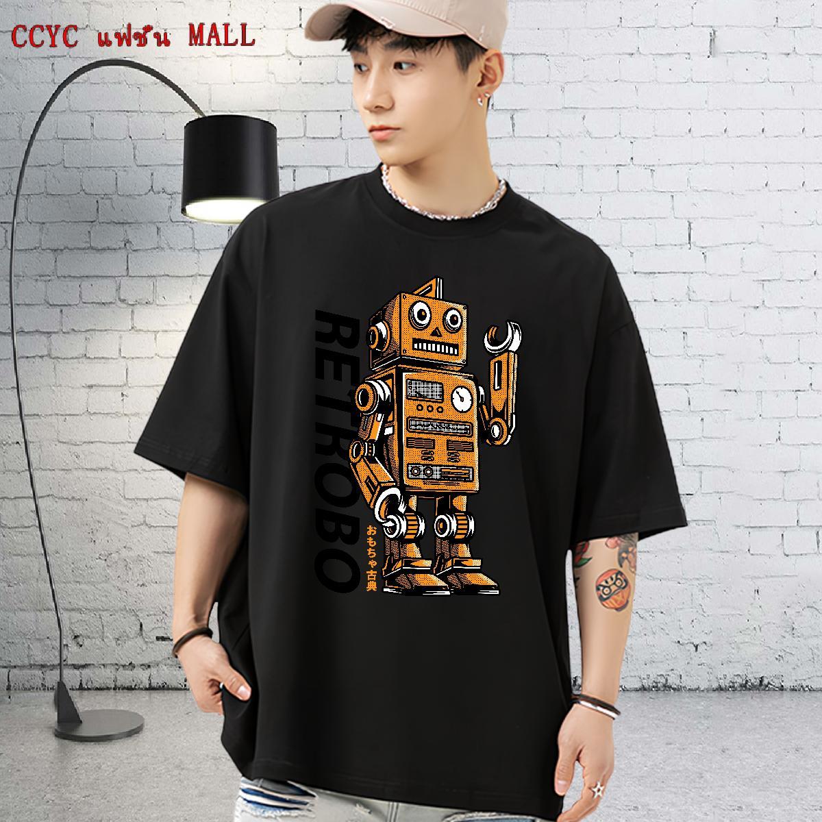 Cool T Shirts Men 100% Cotton 230g robot Spring Summer Cartoon Print Breathable Crew Neck Tshirt for Man Woman Custom Tops