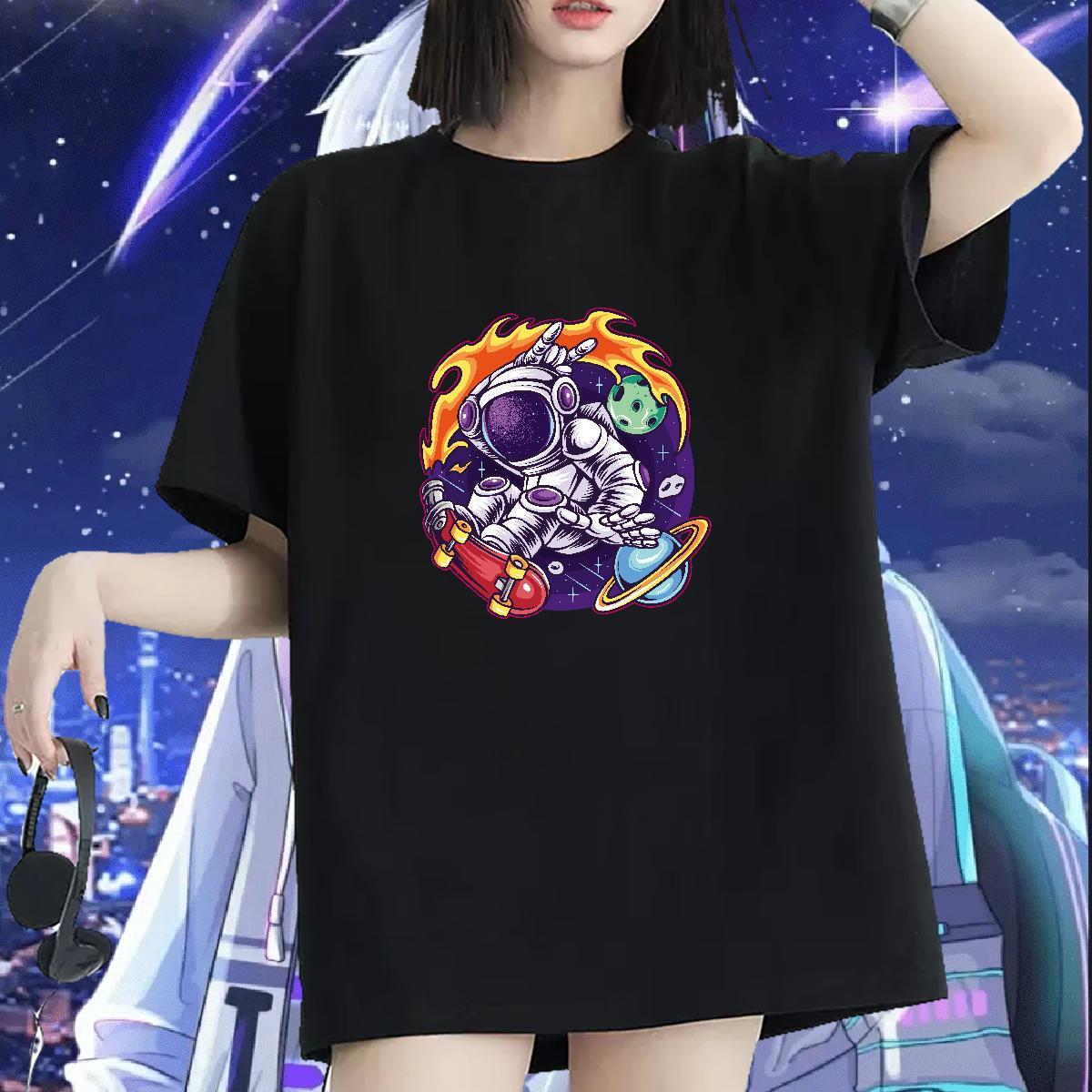Lady Couples T Shirts 230g Cotton cosmonaut Street Casual Womens T Shirts O-Neck Short Sleeve Cartoon Printing L-4XL Tshirts