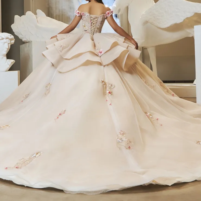 Champagne Princess Sparkly Quinceanera Dresses 2025 Luxury Applique Beads Crystal Tull Corset Lace-up vestidos de xv anos Sweet 16 Dress