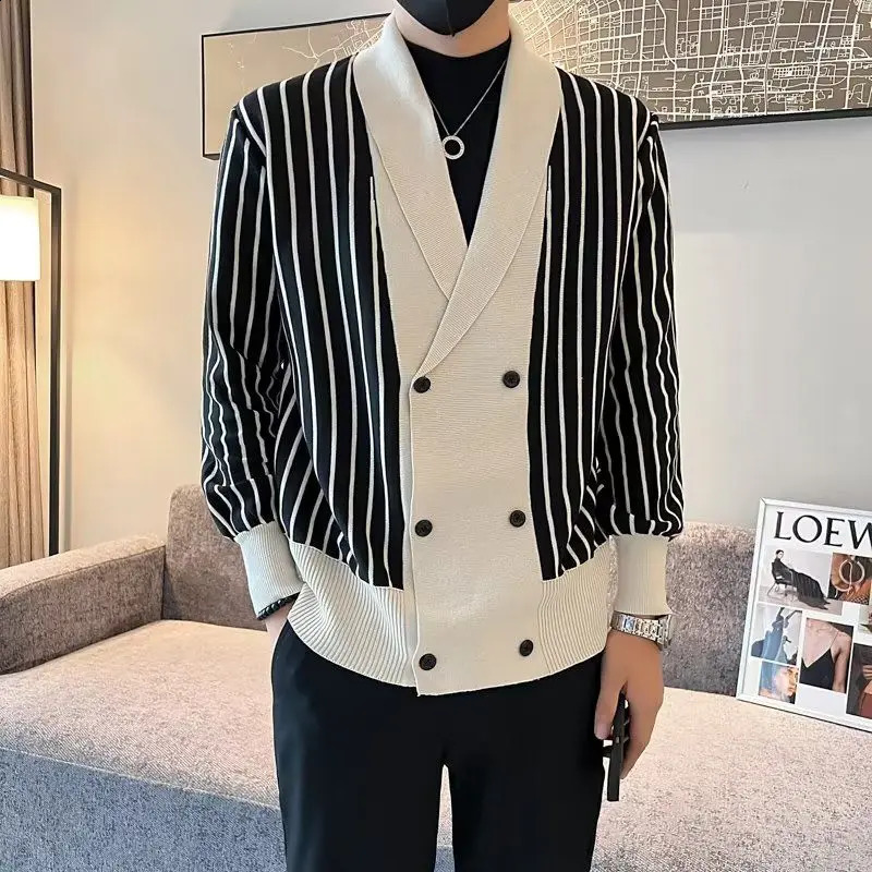AutumnWinter UK Retro Academy Stripe Contrast Set Collar Double Chest Long Sleeve Loose Fit Sweater 240824