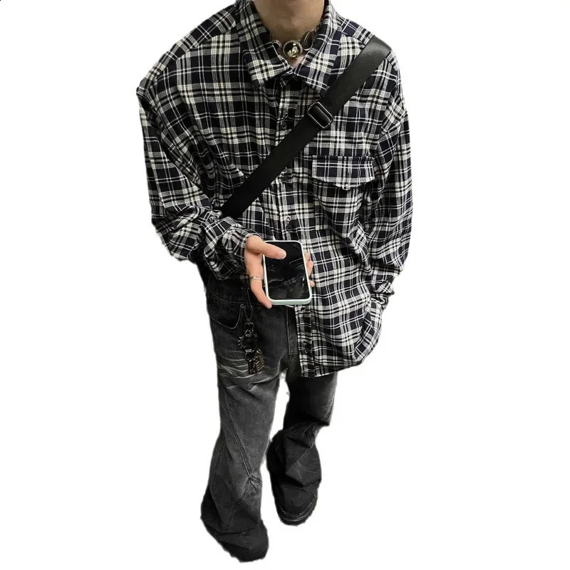 American Style Loose-fit Casual Plaid Shirt For Men Arrival Spring Autumn Fashion Trendy Black White Checkered Vest 240824