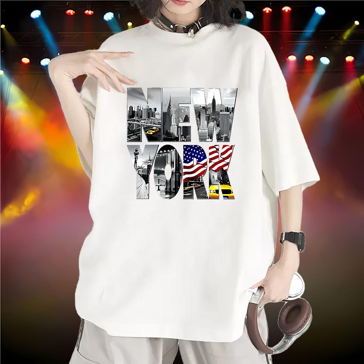 Loose fit Woman Tshirt 230g 100% Cotton New York Sports Street Wear T shirt Breathable Soft Cartoon Floral Printing Tees