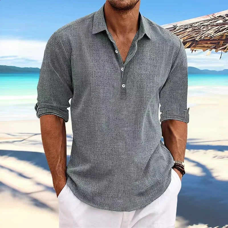 Men Solid Long Sleeve Linen Polo Shirts Spring Summer Casual Turn-down Collar Buttoned Pullover Tops Loose Tees Shirt For Men 240824