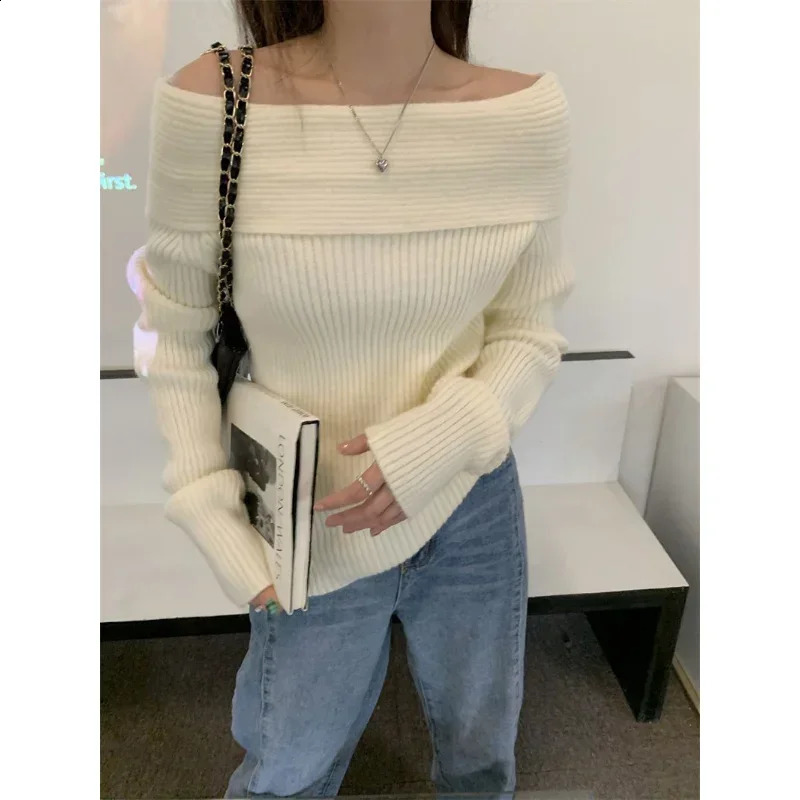 Deeptown Elegant Sweater Women Korean Style Off Shoulder Knitted Female Jumper Vintage Autumn Knitwear Harajuku Fashion Pullover 240824