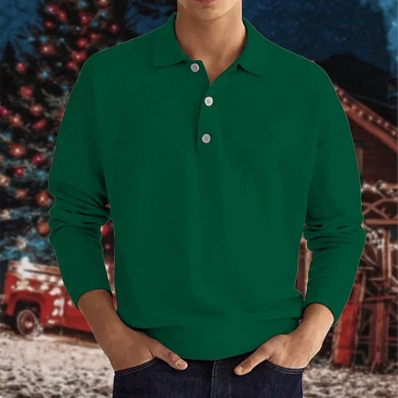 Autumn long sleeve V-neck button mens comfortable casual top polo shirt 240824