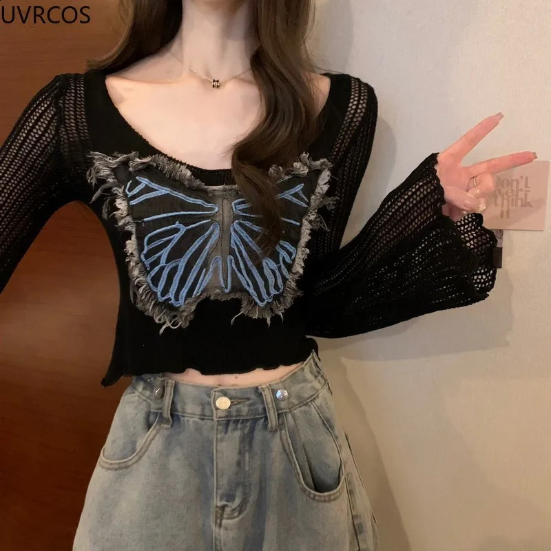 Autumn Vintage Elegant Knitted Pullovers Women Butterfly Hollow Out Long Sleeved Knitwear Crop Tops Korean Fashion Sweater Coat 240824