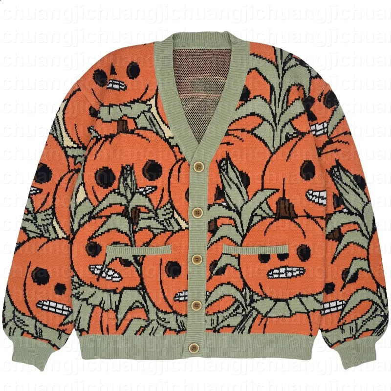 Harajuku V Neck Knitwear Halloween Fun Little Pumpkin Pattern Men Clothing Pullovers Sweaters Creative Stripe Knitted 240824