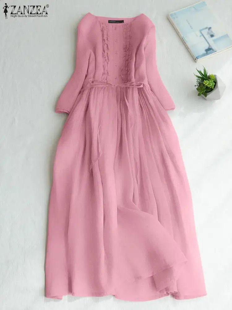 ZANZEA Fashion 3/4 Sleeve Long Vestido Vintage Solid Midi Dress Women Ruffled Buttons Stitching Robe Autumn Bandage Dresses 240824