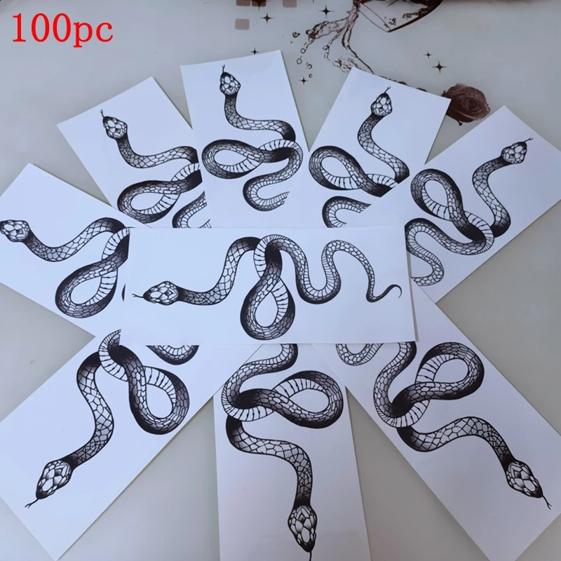 100 pieces of flower arm snake waterproof temporary tattoo stickers for mens large-sized black cool fashion personalized art fake tattoo set 240823
