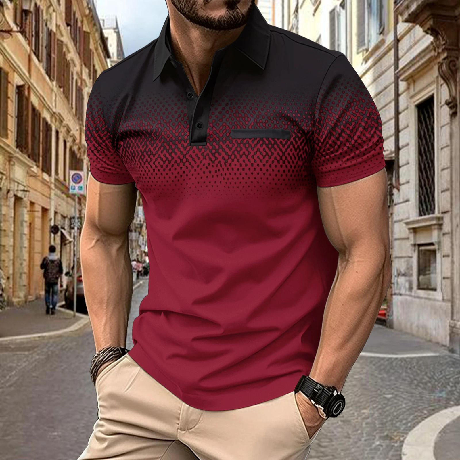 style Mens fashion summer gradient short-sleeved T-shirt Sports Outdoor fitness casual slim fit mens shirt POLO shirt 240824