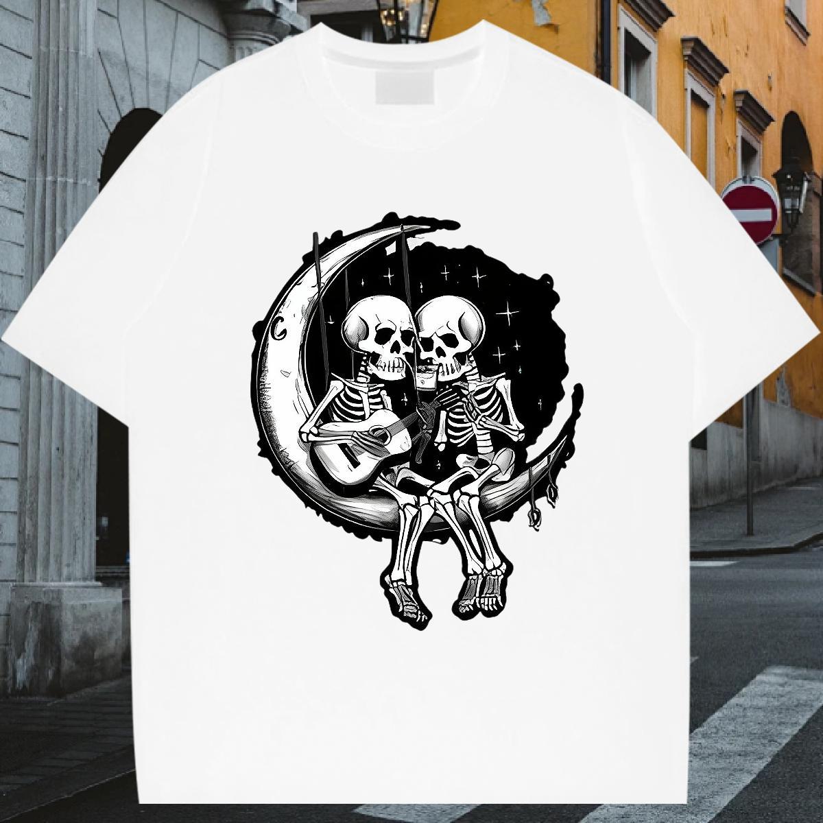 Free Shipping Mens T Shirts 230g 100% Cotton moon Hip Hop Skull Breathable Short Sleeve Couples T Shirts 2024 Top Tees