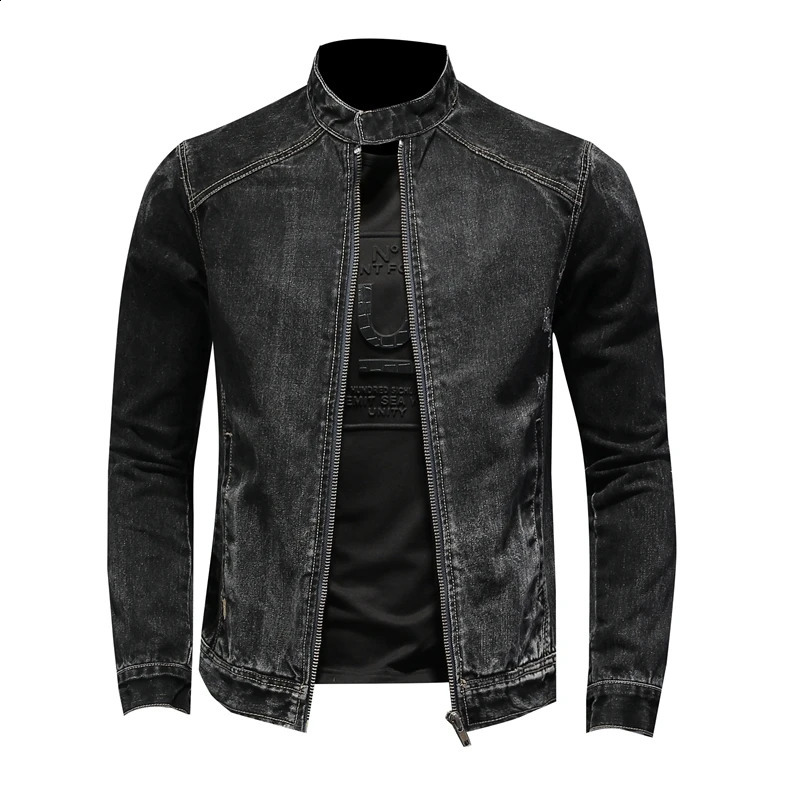 Mens retro stand up collar pilot jacket denim bomber Plus size 5XL slim fit zipper fashionable mens bicycle 240824
