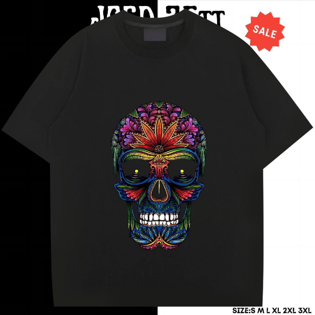 Unisex T shirt 230g Pure Cotton skull Street Casual Floral Print Breathable Men Tees 2024 DIY Wear