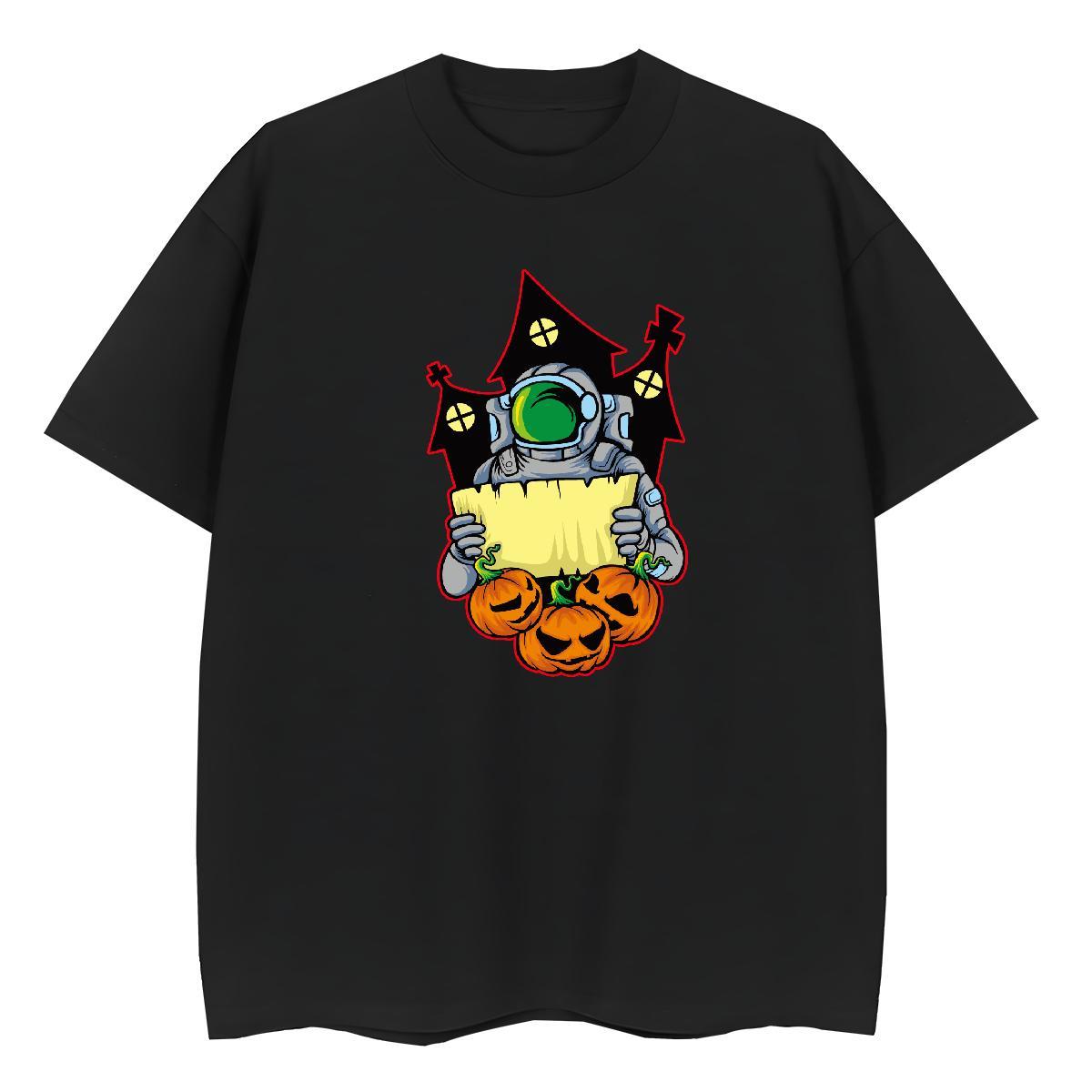 Loose fit Women Tshirts 230g Cotton cosmonaut Summer Casual T shirt O Neck Short Sleeves Black White Tee Shirt