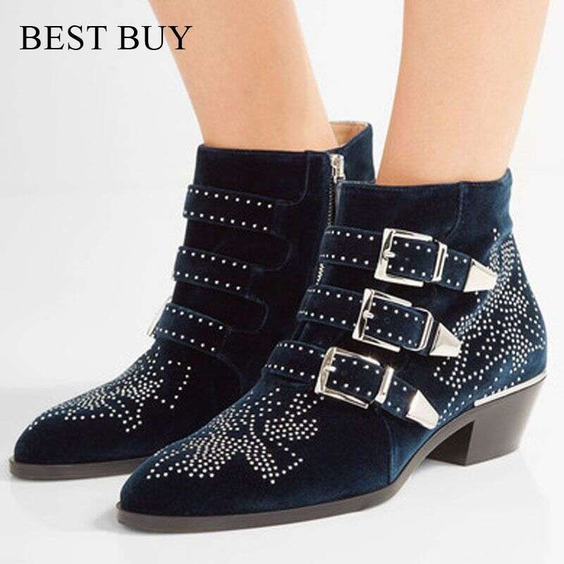 Denim Round Headed Rivet WER Boots, Susanna Studded Genuine Leather Ankle For Women, Botas Mujer Boots